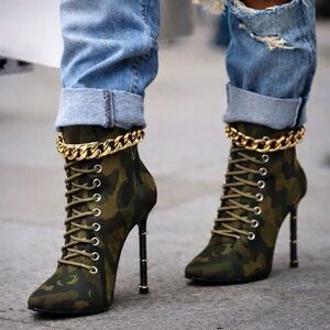 Camouflage Stiletto Ankle Boots with Gold Chain